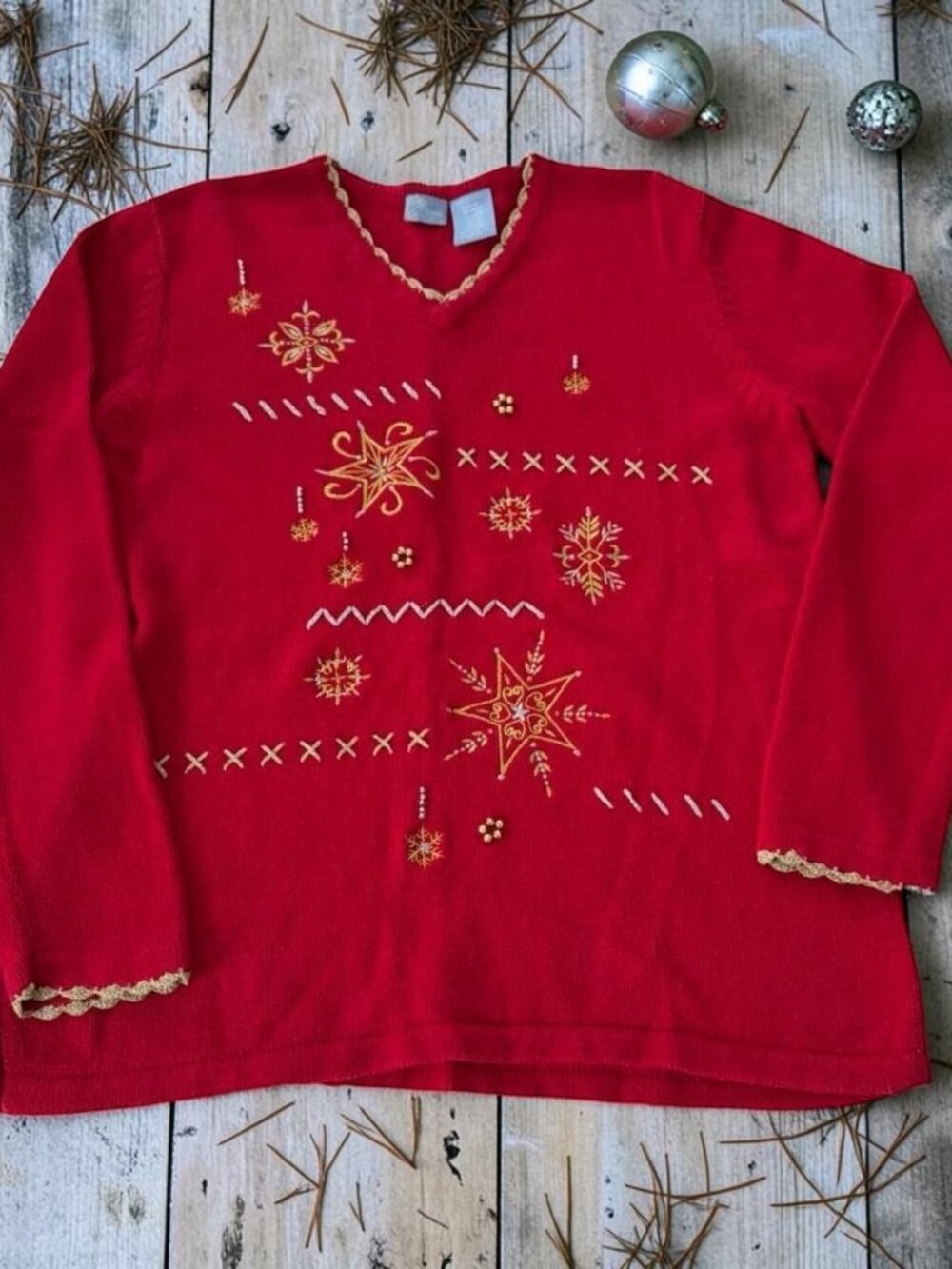 Vintage Holiday Editions Women's Christmas Sweater Size Large‎ Red Gold Trim